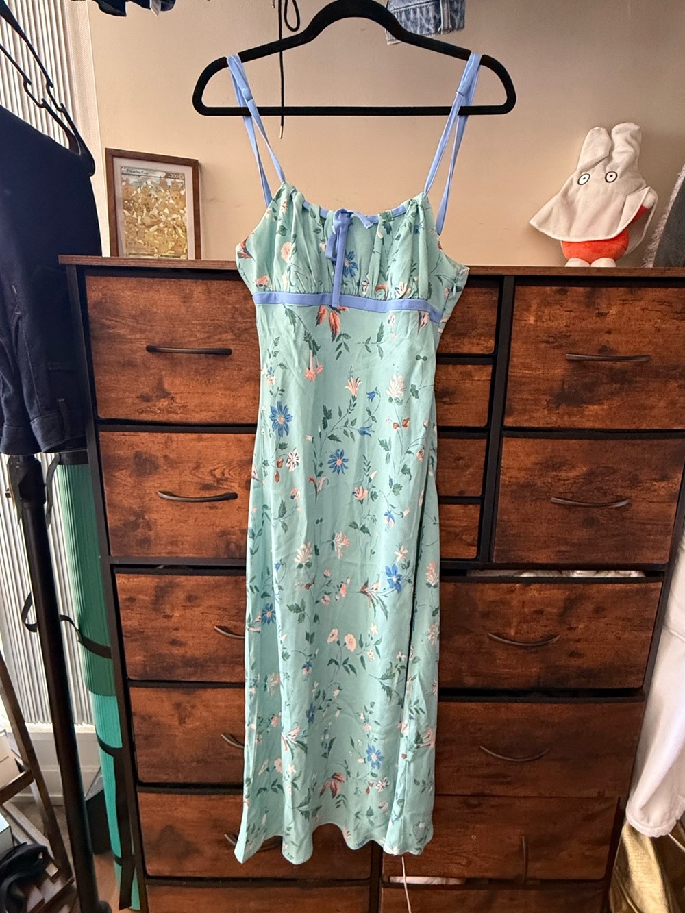 Reformation Camira Aqua Floral Slip Dress with Periwinkle Straps